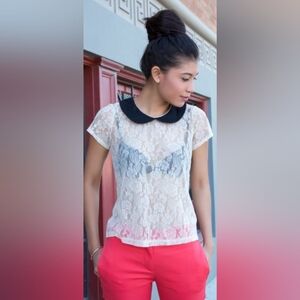 VINTAGE Style Peter Pan Black & White Lace Sheer Top Women's Size Large